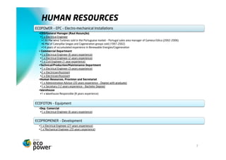 RECURSOS HUMANOS
ECOPOWER – EPC – Instalações Electro-mecânicas
  • CEO/Gerente (Raul Assunção)
   • 1 x Eng. Electrotécnico
  • 130 MW aerogeradores vendidos no mercado português – Portugal sales area manager da Gamesa Eólica (2002-2006)
  • 6 MW de grupos cogeração e biogás Caterpillar vendidos (1997-2002)
  • 14 anos experiência acumulada em Renováveis/Cogeração
  •  Dep. Comercial
   • 1 x Eng. Electrotécnico (6 anos experiência)
   • 1 x Eng. Electrotécnico (2 anos experiência)
   • 1 x Eng. Civil (2 anos experiência)
  • Dep. Técnico / Dep. Produção / Dep. Manutenção
   • 1 x Eng. Electrotécnico (3 anos experiência)
   • 2 x Eletricistas / Encarregados
   • 2 x Ajudantes Eletricista	
  
  • Recursos Humanos, Aprovisionamentos e Secretariado
   • 1 x Assessora Administração (20 anos experiência – Licenciatura c/ pós-Graduação)
   • 1 x Secretária (12 anos experiência - Bacharel)
  • Armazém
   • 1 x Responsável de armazém (8 anos experiência)


ECOFOTON – Equipamentos
  • Dep. Comercial
   • 1 x Eng. Electrotécnico (6 anos Experiência)


ECOPROMENER – Development
  • 1 x Eng. Electrotécnico (27 anos Experiência)
  • 1 x Eng. Mecânico (20 anos Experiência)




                                                                                                                    7
 