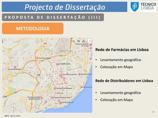 20
P R O P O S T A D E D I S S E R T A Ç Ã O ( I I I )
METODOLOGIA
Rede de Farmácias em Lisboa
• Levantamento geográfico
• Colocação em Mapa
Rede de Distribuidores em Lisboa
• Levantamento geográfico
• Colocação em Mapa
 