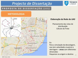 22
P R O P O S T A D E D I S S E R T A Ç Ã O ( I I I )
METODOLOGIA
Elaboração da Rede de UAS
Planeamento das rotas de
distribuição
Cálculo da Frota
Ex:
Para a simulação da descolagem,
voo (em velocidade cruzeiro) e
aterragem – arcos com diferentes
dimensões
Pequenos na origem e destino
 