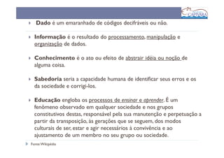 Dado é um emaranhado de códigos decifráveis ou não.

  Informação é o resultado do processamento, manipulação e
  organização de dados.

  Conhecimento é o ato ou efeito de abstrair idéia ou noção de
  alguma coisa.

  Sabedoria seria a capacidade humana de identificar seus erros e os
  da sociedade e corrigi-los.

  Educação engloba os processos de ensinar e aprender. É um
  fenômeno observado em qualquer sociedade e nos grupos
  constitutivos destas, responsável pela sua manutenção e perpetuação a
  partir da transposição, às gerações que se seguem, dos modos
  culturais de ser, estar e agir necessários à convivência e ao
  ajustamento de um membro no seu grupo ou sociedade.
Fonte: Wikipédia
 