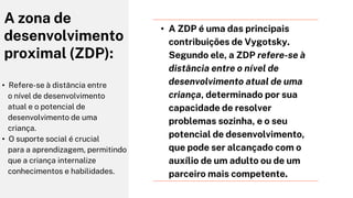 • Refere-se à distância entre
o nível de desenvolvimento
atual e o potencial de
desenvolvimento de uma
criança.
• O suporte social é crucial
para a aprendizagem, permitindo
que a criança internalize
conhecimentos e habilidades.
A zona de
desenvolvimento
proximal (ZDP):
• A ZDP é uma das principais
contribuições de Vygotsky.
Segundo ele, a ZDP refere-se à
distância entre o nível de
desenvolvimento atual de uma
criança, determinado por sua
capacidade de resolver
problemas sozinha, e o seu
potencial de desenvolvimento,
que pode ser alcançado com o
auxílio de um adulto ou de um
parceiro mais competente.
 
