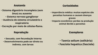Reprodução
Anatomia
Exemplares
Curiosidades
• Sexuada, com fecundação interna
• Desenvolvimento pode ser direto ou
indireto, com larvas
• Sistema digestório incompleto (sem
ânus) ou ausente
• Sistema nervoso ganglionar
• Ausência de sistema circulatório e
respiratório
• Excreção por meio de células-flama.
• Taenia solium (solitária)
• Fasciola hepatica (fasciola)
• Importância médica: muitas espécies são
parasitas humanos e causam doenças
graves
• Impacto econômico: perdas na produção
animal devido a parasitas
 