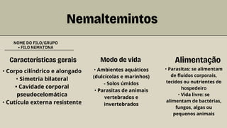 Nemaltemintos
NOME DO FILO/GRUPO
• FILO NEMATONA
Características gerais
• Corpo cilíndrico e alongado
• Simetria bilateral
• Cavidade corporal
pseudocelomática
• Cutícula externa resistente
Modo de vida
• Ambientes aquáticos
(dulcícolas e marinhos)
- Solos úmidos
• Parasitas de animais
vertebrados e
invertebrados
Alimentação
• Parasitas: se alimentam
de fluidos corporais,
tecidos ou nutrientes do
hospedeiro
• Vida livre: se
alimentam de bactérias,
fungos, algas ou
pequenos animais
 
