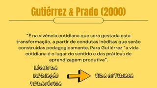 Gutiérrez & Prado (2000)
“É na vivência cotidiana que será gestada esta
transformação, a partir de condutas inéditas que serão
construídas pedagogicamente. Para Gutiérrez “a vida
cotidiana é o lugar do sentido e das práticas de
aprendizagem produtiva”.
Lócus da
mediação
pedagógica
Vida cotidiana
 