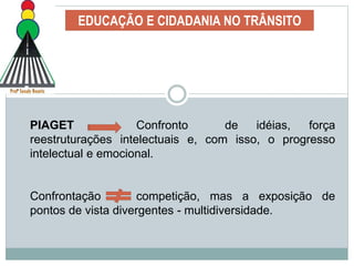 EDUCAÇÃO E CIDADANIA NO TRÂNSITO
PIAGET Confronto de idéias, força
reestruturações intelectuais e, com isso, o progresso
intelectual e emocional.
Confrontação competição, mas a exposição de
pontos de vista divergentes - multidiversidade.
 
