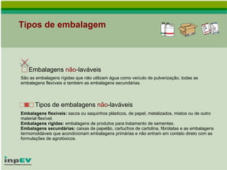 Tipos de embalagem Embalagens  não -laváveis São as embalagens rígidas que não utilizam água como veículo de pulverização, todas as embalagens flexíveis e também as embalagens secundárias. Tipos de embalagens  não -laváveis Embalagens flexíveis:  sacos ou saquinhos plásticos, de papel, metalizados, mistos ou de outro material flexível. Embalagens rígidas:  embalagens de produtos para tratamento de sementes. Embalagens secundárias:  caixas de papelão, cartuchos de cartolina, fibrolatas e as embalagens termomoldáveis que acondicionam embalagens primárias e não entram em contato direto com as formulações de agrotóxicos. 