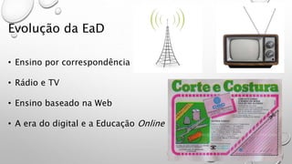 Evolução da EaD
• Ensino por correspondência
• Rádio e TV
• Ensino baseado na Web
• A era do digital e a Educação Online
 