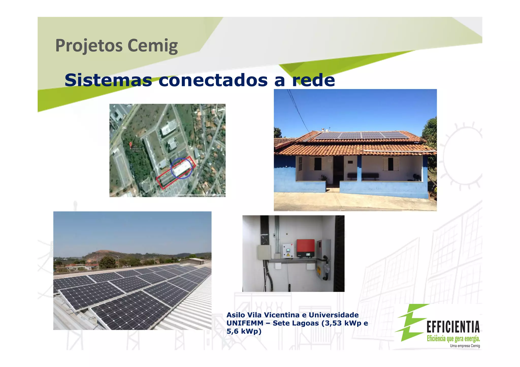 Projetos Cemig
Sistemas conectados a rede
Asilo Vila Vicentina e Universidade
UNIFEMM – Sete Lagoas (3,53 kWp e
5,6 kWp)
 
