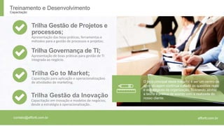 Treinamento e Desenvolvimento 
Capacitação 
O foco principal deste trabalho é ser um centro de 
aprendizagem contínua voltado às questões reais 
e estratégicas da organização, buscando alinhar 
a teoria á prática de acordo com a realizada do 
nosso cliente. 
Trilha Gestão de Projetos e 
processos; 
Apresentação das boas práticas, ferramentas e 
métodos para a gestão de processos e projetos; 
Trilha Governança de TI; 
Apresentação de boas práticas para gestão de TI 
integrada ao negócio. 
Trilha Go to Market; 
Capacitação para aplicação e operacionalizaçãoo 
de atividades de marketing. 
Trilha Gestão da Inovação 
Capacitação em inovação e modelos de negócios, 
desde a estratégia à operacionalização.. 
contato@exo@business.effortt.com com.br www.exobusiness.effortt.com 
com.br 
 