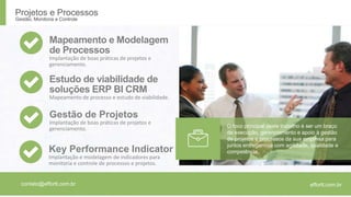 Projetos e Processos 
Gestão, Monitoria e Controle 
O foco principal deste trabalho é ser um braço 
de execução, gerenciamento e apoio à gestão 
de projetos e processos da sua empresa para 
juntos entregarmos com agilidade, qualidade e 
competência. 
Mapeamento e Modelagem 
de Processos 
Implantação de boas práticas de projetos e 
gerenciamento. 
Estudo de viabilidade de 
soluções ERP BI CRM 
Mapeamento de processo e estudo de viabilidade. 
Gestão de Projetos 
Implantação de boas práticas de projetos e 
gerenciamento. 
Key Performance Indicator 
Implantação e modelagem de indicadores para 
monitoria e controle de processos e projetos. 
contato@exo@business.effortt.com com.br www.exobusiness.effortt.com 
com.br 
 