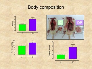 Body composition
                   25        *
                   20
         MGV (g)




                   15

                   10
                                                           C        DP
                    5

                    0

                        C    DP




                   18
                             *                         8
                                                               *
Gordura (g/100g)




                   15




                                     Leptina (ng/mg)
                   12
                                                       6
                   9
                   6                                   4
                   3
                   0                                   2
                        C    DP
                                                       0

                                                           C   DP
 