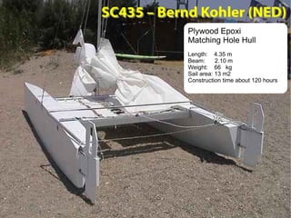 SC435 – Bernd Kohler (NED)
            Plywood Epoxi
            Matching Hole Hull
            Length: 4.35 m
            Beam:      2.10 m
            Weight: 66 kg
            Sail area: 13 m2
            Construction time about 120 hours
 