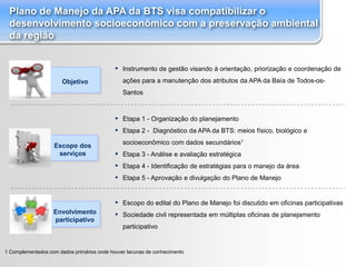 Plano de Manejo da APA da BTS visa compatibilizar o
 desenvolvimento socioeconômico com a preservação ambiental
 da região


                                            ▪ Instrumento de gestão visando à orientação, priorização e coordenação de
                       Objetivo                 ações para a manutenção dos atributos da APA da Baía de Todos-os-
                                                Santos



                                            ▪ Etapa 1 - Organização do planejamento
                                            ▪ Etapa 2 - Diagnóstico da APA da BTS: meios físico, biológico e
                   Escopo dos                   socioeconômico com dados secundários1
                    serviços                ▪   Etapa 3 - Análise e avaliação estratégica
                                            ▪   Etapa 4 - Identificação de estratégias para o manejo da área
                                            ▪   Etapa 5 - Aprovação e divulgação do Plano de Manejo


                                            ▪   Escopo do edital do Plano de Manejo foi discutido em oficinas participativas
                   Envolvimento             ▪   Sociedade civil representada em múltiplas oficinas de planejamento
                   participativo
                                                participativo


1 Complementados com dados primários onde houver lacunas de conhecimento
                                                                                                                         |
 