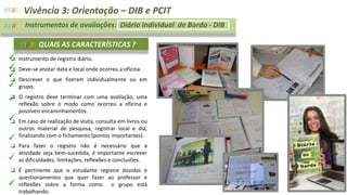 //////// Vivência 3: Orientação – DIB e PCIT
//////// Instrumentos de avaliações: Diário Individual de Bordo - DIB
❏ Instrumento de registro diário.
❏ Deve-se anotar data e local onde ocorreu a oficina.
❏ Descrever o que fizeram individualmente ou em
grupo.
❏ O registro deve terminar com uma avaliação, uma
reflexão sobre o modo como ocorreu a oficina e
possíveis encaminhamentos.
❏ Em caso de realização de visita, consulta em livros ou
outros material de pesquisa, registrar local e dia,
finalizando com o fichamento (pontos importantes).
❏ Para fazer o registro não é necessário que a
atividade seja bem-sucedida, é importante escrever
as dificuldades, limitações, reflexões e conclusões.
❏ É pertinente que o estudante registre dúvidas e
questionamentos que quer fazer ao professor e
reflexões sobre a forma como o grupo está
trabalhando.
QUAIS AS CARACTERÍSTICAS ?
////////
 