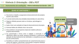 DIÁRIO DE BORDO REGISTROS
- OFICINAS
-
PROJETOS
//////// Vivência 3: Orientação – DIB e PCIT
Instrumentos de avaliações: Diário de Bordo / Portfólio
////////
//////// Instrumentos de avaliações: Diário Individual de Bordo - DIB
❏ Documenta o trabalho e progressão do desenvolvimento dos projetos
durante cada módulo.
❏ É um dos testemunhos das atividades desenvolvidas em cada oficina.
❏ Organiza reflexões pessoais sobre as iniciativas, aprendizagens e
trabalho.
❏ Ajuda a fazer auto avaliação ao longo do desenvolvimento do projeto.
❏ Promove hábitos de reflexão crítica e de escrita.
❏ Dá ao professor uma perspectiva ampla dos trabalhos (oficinas e
projetos) desenvolvidos.
❏ Sua apresentação e forma como é redigido e construído é um
significativo objeto de estudo, pesquisa (estudantes e professores) e
avaliação do desenvolvimento das habilidades e competências de cada
área do conhecimento.
❏ Possibilita um melhor acompanhamento do cumprimento dos prazos e
número de registros, valorizando e estimulando o empenho individual
QUAIS AS VANTAGENS ?
////////
 