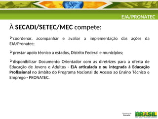 EJA/PRONATEC
À SECADI/SETEC/MEC compete:
coordenar, acompanhar e avaliar a implementação das ações da
EJA/Pronatec;
prestar apoio técnico a estados, Distrito Federal e municípios;
disponibilizar Documento Orientador com as diretrizes para a oferta de
Educação de Jovens e Adultos - EJA articulada e ou integrada à Educação
Profissional no âmbito do Programa Nacional de Acesso ao Ensino Técnico e
Emprego - PRONATEC.
 