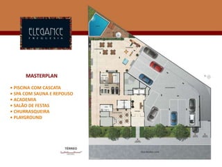 MASTERPLAN
• PISCINA COM CASCATA
• SPA COM SAUNA E REPOUSO
• ACADEMIA
• SALÃO DE FESTAS
• CHURRASQUEIRA
• PLAYGROUND
 
