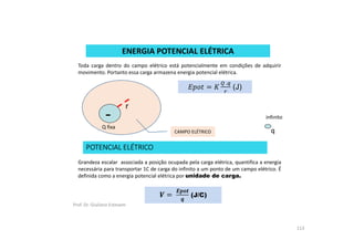 ENERGIA POTENCIAL ELÉTRICA
Toda carga dentro do campo elétrico está potencialmente em condições de adquirir
movimento. Portanto essa carga armazena energia potencial elétrica.
-
Q fixa
r
POTENCIAL ELÉTRICO
Prof. Dr. Giuliano Estevam
113
Grandeza escalar associada a posição ocupada pela carga elétrica, quantifica a energia
necessária para transportar 1C de carga do infinito a um ponto de um campo elétrico. É
definida como a energia potencial elétrica por unidade de carga.
q
infinito
CAMPO ELÉTRICO
 