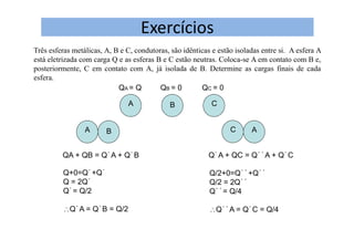 Exercícios
Três esferas metálicas, A, B e C, condutoras, são idênticas e estão isoladas entre si. A esfera A
está eletrizada com carga Q e as esferas B e C estão neutras. Coloca-se A em contato com B e,
posteriormente, C em contato com A, já isolada de B. Determine as cargas finais de cada
esfera.
QA = Q QB = 0 QC = 0
A B C
A B
QA + QB = Q´A + Q´B
C A
Q´A + QC = Q´´A + Q´C
Q+0=Q´+Q´
Q = 2Q´
Q´= Q/2
Q´A = Q´B = Q/2
Q/2+0=Q´´+Q´´
Q/2 = 2Q´´
Q´´= Q/4
Q´´A = Q´C = Q/4
 