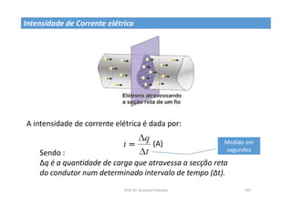 Prof. Dr. Giuliano Estevam 141
Intensidade de Corrente elétrica
A intensidade de corrente elétrica é dada por:
Sendo :
Δq é a quantidade de carga que atravessa a secção reta
do condutor num determinado intervalo de tempo (Δt).
Medido em
segundos
(A)
 