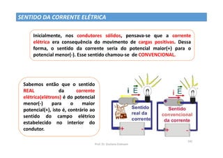 Prof. Dr. Giuliano Estevam
142
SENTIDO DA CORRENTE ELÉTRICA
Inicialmente, nos condutores sólidos, pensava-se que a corrente
elétrica era consequência do movimento de cargas positivas. Dessa
forma, o sentido da corrente seria do potencial maior(+) para o
potencial menor(-). Esse sentido chamou-se de CONVENCIONAL.
Sabemos então que o sentido
REAL da corrente
elétrica(elétrons) é do potencial
menor(-) para o maior
potencial(+), isto é, contrário ao
sentido do campo elétrico
estabelecido no interior do
condutor.
 