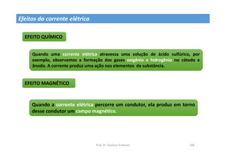 Prof. Dr. Giuliano Estevam 148
EFEITO QUÍMICO
Efeitos da corrente elétrica
Quando uma corrente elétrica atravessa uma solução de ácido sulfúrico, por
exemplo, observamos a formação dos gases oxigênio e hidrogênio no cátodo e
ânodo. A corrente produz uma ação nos elementos da substância.
EFEITO MAGNÉTICO
Quando a corrente elétrica percorre um condutor, ela produz em torno
desse condutor um campo magnético.
 