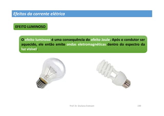 Prof. Dr. Giuliano Estevam 149
EFEITO LUMINOSO
O efeito luminoso é uma consequência do efeito Joule. Após o condutor ser
aquecido, ele então emite ondas eletromagnéticas dentro do espectro da
luz visível.
Efeitos da corrente elétrica
 
