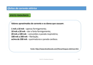 Prof. Dr. Giuliano Estevam 151
Valores aproximados de corrente e os danos que causam:
1 mA a 10 mA – apenas formigamento;
10 mA a 20 mA – dor e forte formigamento;
20 mA a 100 mA – convulsões e parada respiratória;
100 mA a 200 mA – fibrilação;
acima de 200 mA – queimaduras e parada cardíaca.
Fonte: http://www.brasilescola.com/fisica/choques-eletricos.htm
EFEITO FISIOLÓGICO
Efeitos da corrente elétrica
 