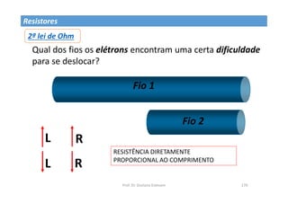 Prof. Dr. Giuliano Estevam 170
Resistores
2ª lei de Ohm
Qual dos fios os elétrons encontram uma certa dificuldade
para se deslocar?
Fio 1
Fio 2
R
L
R
L
RESISTÊNCIA DIRETAMENTE
PROPORCIONAL AO COMPRIMENTO
 