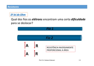 Prof. Dr. Giuliano Estevam 171
Resistores
2ª lei de Ohm
Qual dos fios os elétrons encontram uma certa dificuldade
para se deslocar?
Fio 1
R
A
R
A
Fio 2
RESISTÊNCIA INVERSAMENTE
PROPORCIONAL A ÁREA
 