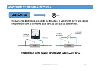 Prof. Dr. Giuliano Estevam 190
APARELHOS DE MEDIDAS ELÉTRICAS
VOLTÍMETRO V W1
W1
Instrumento destinado à medida de tensões, o voltímetro deve ser ligado
em paralelo com o elemento cuja tensão deseja-se determinar.
VOLTÍMETRO IDEAL POSSUI RESISTÊNCIA INTERNA INFINITA.
 