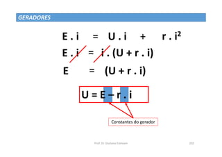 Prof. Dr. Giuliano Estevam 202
GERADORES
E . i U . i r . i2
= +
E . i = i . (U + r . i)
E = (U + r . i)
U = E – r . i
Constantes do gerador
 