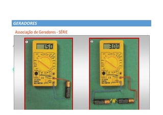 Prof. Dr. Giuliano Estevam 207
GERADORES
A B
r1
E1 r2
E2 r3
E3
A B
req
Eeq
Gerador Equivalente
Eeq = E1 + E2 + E3
req = r1 + r2 + r3
 