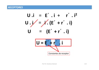 Prof. Dr. Giuliano Estevam 213
U .i E´ . i r´ . i2
= +
U . i = i . (E´ + r´ . i)
U = (E´ + r´ . i)
U = E´+ r´ . i
Constantes do receptor
RECEPTORES
 