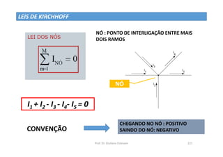 Prof. Dr. Giuliano Estevam 221
LEIS DE KIRCHHOFF
NÓ : PONTO DE INTERLIGAÇÃO ENTRE MAIS
DOIS RAMOS
NÓ
CONVENÇÃO
CHEGANDO NO NÓ : POSITIVO
SAINDO DO NÓ: NEGATIVO
I1 + I2 - I3 - I4- I5 = 0
 