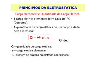 Carga elementar e Quantidade de Carga Elétrica
• 1 carga elétrica elementar (e) = 1,6 x 10-19 C
(Coulomb).
• A quantidade de carga elétrica de um corpo é dada
pela expressão:
Q = +/- n . e
Q = +/- n . e
Onde:
Q – quantidade de carga elétrica.
e – carga elétrica elementar
+/- número de prótons ou elétrons em excesso
PRINCÍPIOS DA ELETROSTÁTICA
 