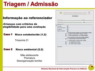 Informação ao referenciador
-Crianças com critérios de
elegibilidade para uma avaliação


         Risco estabelecido (1.2)

         Trissomia 21


         Risco ambiental (2.2)

             Mãe adolescente
                Prematura
          Desorganização familiar
 