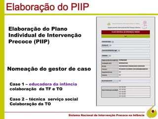 Elaboração do Plano
Individual de Intervenção
Precoce (PIIP)




Nomeação do gestor de caso

Caso 1 – educadora da infância
colaboração da TF e TO

Caso 2 – técnica serviço social
Colaboração da TO
 