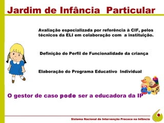 Jardim de Infância Particular
         Avaliação especializada por referência à CIF, pelos
         técnicos da ELI em colaboração com a instituição.



          Definição do Perfil de Funcionalidade da criança



         Elaboração do Programa Educativo Individual




O gestor de caso pode ser a educadora da IP
 