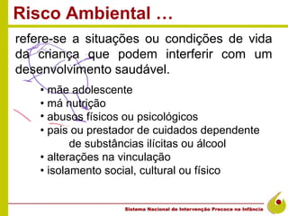 Risco Ambiental …
refere-se a situações ou condições de vida
da criança que podem interferir com um
desenvolvimento saudável.
    • mãe adolescente
    • má nutrição
    • abusos físicos ou psicológicos
    • pais ou prestador de cuidados dependente
           de substâncias ilícitas ou álcool
    • alterações na vinculação
    • isolamento social, cultural ou físico
 