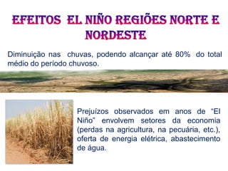 Prejuízos observados em anos de “El
Niño” envolvem setores da economia
(perdas na agricultura, na pecuária, etc.),
oferta de energia elétrica, abastecimento
de água.
Diminuição nas chuvas, podendo alcançar até 80% do total
médio do período chuvoso.
 