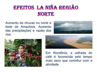 Aumento de chuvas no norte e
leste da Amazônia. Aumento
das precipitações e vazão dos
rios.
Em Rondônia, a colheita do
café é favorecida pelo tempo
mais seco que contribui com a
atividade.
 