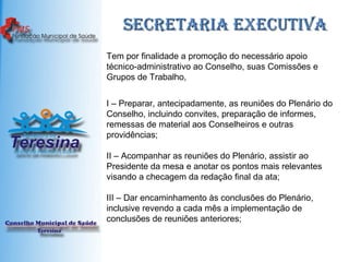 Secretaria Executiva Tem por finalidade a promoção do necessário apoio técnico-administrativo ao Conselho, suas Comissões e Grupos de Trabalho,  I – Preparar, antecipadamente, as reuniões do Plenário do Conselho, incluindo convites, preparação de informes, remessas de material aos Conselheiros e outras providências; II – Acompanhar as reuniões do Plenário, assistir ao Presidente da mesa e anotar os pontos mais relevantes visando a checagem da redação final da ata; III – Dar encaminhamento às conclusões do Plenário, inclusive revendo a cada mês a implementação de conclusões de reuniões anteriores; 