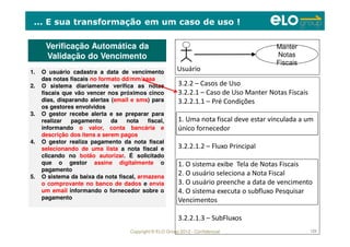 Copyright © ELO Group 2012 - Confidencial 123
... E sua transformação em um caso de uso !
Verificação Automática da
Validação do Vencimento
Verificação Automática da
Validação do Vencimento
1. O usuário cadastra a data de vencimento
das notas fiscais no formato dd/mm/aaaa
2. O sistema diariamente verifica as notas
fiscais que vão vencer nos próximos cinco
dias, disparando alertas (email e sms) para
os gestores envolvidos
3. O gestor recebe alerta e se preparar para
realizar pagamento da nota fiscal,
informando o valor, conta bancária e
descrição dos itens a serem pagos
4. O gestor realiza pagamento da nota fiscal
selecionando de uma lista a nota fiscal e
clicando no botão autorizar. É solicitado
que o gestor assine digitalmente o
pagamento
5. O sistema da baixa da nota fiscal, armazena
o comprovante no banco de dados e envia
um email informando o fornecedor sobre o
pagamento
Manter
Fiscais
Manter
Notas
Fiscais
Usuário
3.2.2 – Casos de Uso
3.2.2.1 – Caso de Uso Manter Notas Fiscais
3.2.2.1.1 – Pré Condições
1. Uma nota fiscal deve estar vinculada a um
único fornecedor
3.2.2.1.2 – Fluxo Principal
1. O sistema exibe Tela de Notas Fiscais
2. O usuário seleciona a Nota Fiscal
3. O usuário preenche a data de vencimento
4. O sistema executa o subfluxo Pesquisar
Vencimentos
3.2.2.1.3 – SubFluxos
 
