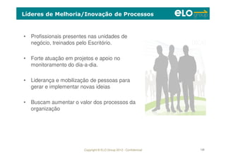 Copyright © ELO Group 2012 - Confidencial 126
Líderes de Melhoria/Inovação de Processos
• Profissionais presentes nas unidades de
negócio, treinados pelo Escritório.
• Forte atuação em projetos e apoio no
monitoramento do dia-a-dia.
• Liderança e mobilização de pessoas para
gerar e implementar novas ideias
• Buscam aumentar o valor dos processos da
organização
 