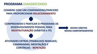 PROGRAMA EMAGRECENDO 
COMBINE COM UM COMPANHEIRO/PARCEIRO 
PARA PROPORCIONAR RELACIONAMENTO 
COMPREENDER E PRATICAR O PROGRAMA DE 
DESENVOLVIMENTO PESSOAL PARA 
REESTRUTURAÇÃO (HÁBITOS e FÉ) 
ATIVIDADES EXTRAS (TRABALHOS MANUAIS; 
CAMINHADAS; MEDITAÇÃO) E 
CONTÍNUAS - REPETIÇÃO 
NOVOS HÁBITOS 
NOVOS COMPORTAMENTOS 
 