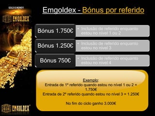 Emgoldex – Bónus por referido

                    • Inclusão de referido enquanto
Bónus 1.750€          estou no nível 1 ou 2

                    • Inclusão de referido enquanto
Bónus 1.250€          estou no nível 3

                    • Inclusão de referido enquanto
Bónus 750€            estou no nível 4


             Então 1.750 X 2 = 3.500€
                         Exemplo:
  Entrada de 1º referido quando estou no nível 1 ou 2 =
                          1.750€
 Entrada de 2º referido quando estou no nível 3 = 1.250€

              No fim do ciclo ganho 3.000€
 