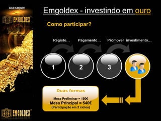 Emgoldex - investindo em ouro
 Como participar?

   Registo…        Pagamento…   Promover investimento…




  1                 2           3


      Duas formas
   Mesa Preliminar = 150€
  Mesa Principal = 540€
  (Participação em 2 ciclos)
 