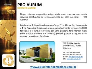 PRO AURUM
DEPÓSITO SEGURO

Neste universo corporativo existe ainda uma empresa que presta
serviços certificados de armazenamento de bens preciosos – PRO
AURUM.
Dispõem de 2 depósitos de ouro na Suíça, 7 na Alemanha, 1 na Áustria
e 1 na República Checa, que armazenam atualmente cerca de 160.000
toneladas de ouro. Se preferir, por uma pequena taxa mensal (0,1%
sobre o valor em ouro armazenado), poderá guardar e segurar o seu
ouro em uma destas fortalezas.
PRO AURUM JosephWild-Straße 12 81829
München
Tel.: +49 (89) 444 584-0
Fax: +49 (89) 444 584-150
E-Mail: info@proaurum.de
Site: www.proaurum.de

www.CicloPerfeitoEmgoldex.com.br

 