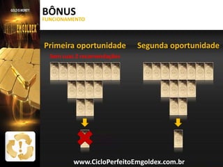 BÔNUS

FUNCIONAMENTO

Primeira oportunidade

Segunda oportunidade

Sem suas 2 recomendações

www.CicloPerfeitoEmgoldex.com.br

 